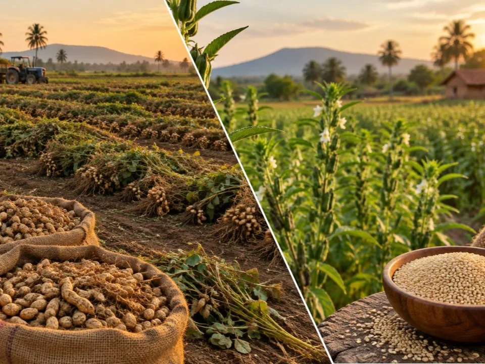 Groundnut harvest and sesame field, South India