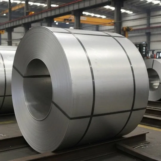 Stainless steel coil on the factory floor, close view